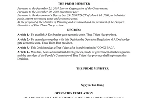 Decision No. 64/2008/QD-TTg of May 22, 2008, establishing a dot border-gate economic zone, Thua Thien Hue province. and promulgating its operation regulation.
