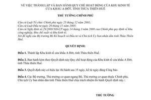 Quyết định 64/2008/QĐ-TTg thành lập và ban hành quy chế hoạt động của Khu kinh tế cửa khẩu A Đớt, tỉnh Thừa Thiên Huế