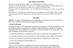 Decision No. 621/QD-TTg of May 23, 2008, approving the adjustment to the master plan on construction of Hoa Lac hi-tech park of a 1/5.000 scale