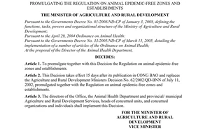 Decision No. 66/2008/QD-BNN of May 26, 2008, promulgating the regulation on animal epidemic-free zones and establishments.