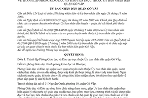 Quyết định 1582/QĐ-UBND thành lập Phòng Giáo dục và Đào tạo trực thuộc Ủy ban nhân dân quận Gò Vấp