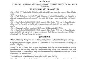 Quyết định 1586/QĐ-UBND thành lập Phòng Văn hóa và Thông tin trực thuộc Ủy ban nhân dân quận Gò Vấp