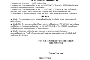 Decision No. 08/2008/QD-BXD of May 28, 2008, promulgating the regulation on use management of condominiums.