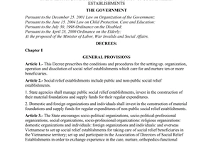 Decree No. 68/2008/ND-CP of May 30, 2008, prescribing conditions and procedures for the setting up. organization, operation and dissolution of social relief establishments.