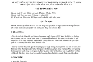 Quyết định 485/QĐ-TTg phê duyệt Đề án “Bảo vệ các loải thủy sinh quý hiến có nguy cơ tuyệt chủng đến năm 2015, tầm nhìn đến năm 2020”