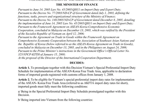 Decision No. 21/2008/QD-BTC of May 05, 2008 promulgating Vietnam’s special preferential import duty schedule for implementation of the ASEAN-Korea free trade area