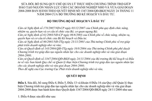 Quyết định 552/2008/QĐ-BKH bổ sung quy chế quản lý thực hiện chương trình trợ giúp đào tạo nguồn nhân lực cho các doanh nghiệp nhỏ và vừa 2004-2008