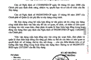 Công văn  1066/BXD-KTXD công bố mẫu hợp đồng tư vấn giám sát thi công xây dựng công trình