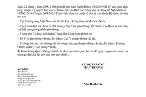 Công văn  4700/BGTVT-TCCB thực hiện NĐ 51/2008/NĐ-CP quy định chức năng, nhiệm vụ, quyền hạn và cơ cấu tổ chức của Bộ Giao thông vận tải