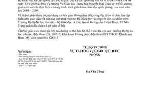 Công văn  5603/BGDĐT-GDQP thay đổi địa điểm bồi dưỡng giáo viên cốt cán GDQP-AN các tỉnh phía Nam