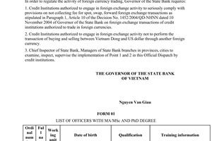 Official Dispatch No. 5728/NHNN-QLNH of June 26, 2008, regulating the activity of foreign currency trading