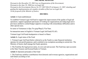 Decision No. 84/2008/QD-TTg of June 30, 2008, establishing Vietnam legal aid fund