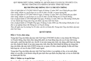 Quyết định 39/2008/QĐ-BTTTT quy định chức năng, nhiệm vụ, quyền hạn và cơ cấu tổ chức của Trung tâm ứng cứu khẩn cấp máy tính Việt Nam