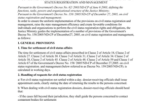 Circular No. 01/2008/TT-BTP of June 2, 2008, guiding the implementation of a number of provisions of The Government's Decree No. 158/2005/ND-CP of December 27,2005, on civil status registration and management
