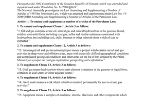 Law No. 10/2008/QH12 of June 03, 2008, amending and suppplementing a number of article of the Petroleum Law.