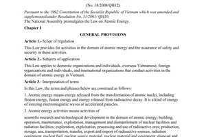 Law No. 18/2008/QH12 of June 03, 2008, on Atomic energy.