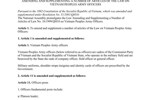 Law No. 19/2008/QH12 of June 03, 2008, amending and supplementing a number of articles of the Law on Vietnam People’s Army Officers.