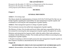 Decree No. 70/2008/ND-CP of June 4, 2008, detailing the implementation of a number of articles of the Law on Gender Equality.