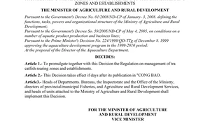 Decision No. 70/2008/QD-BNN of June 5, 2008, promulgating the regulation on management of tra catfish rearing zones and establishments