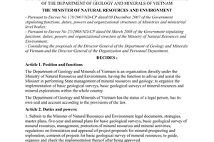 Decision No. 1177/QD-BTNMT of June 05, 2008, stipulating functions, duties, powers and organizational structure of the Department of Geology and Minerals of Vietnam
