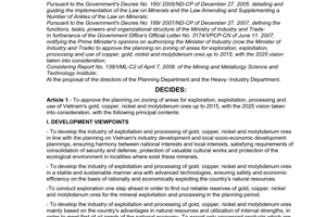 Decision No. 11/2008/QD-BCT of June 5, 2008, approving the planning on zoning of areas for exploration, exploitation, processing and use of Vietnam's gold, copper, nickel and molybdenum ores up to 2015, with the 2025 vision taken into consideration