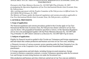 Circular No. 45/2008/TT-BTC of June 5, 2008, guiding the financial regulations and customs procedures applicable to Cau Treo international border-gate economic zone, Ha Tinh province.