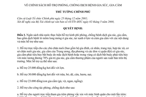 Quyết định 719/QĐ-TTg chính sách hỗ trợ phòng, chống dịch bệnh gia súc, gia cầm