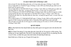 Quyết định 15/2008/QĐ-UBND quy định quản lý tài nguyên nước trên địa bàn tỉnh Bạc Liêu