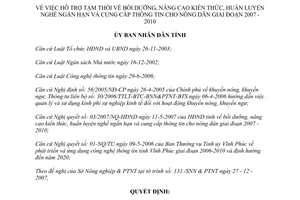 Quyết định 29/2008/QĐ-UBND hỗ trợ bồi dưỡng nghề ngắn hạn cho nông dân 2007 2010 Vĩnh Phúc