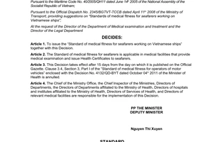 Decision No. 20/2008/QD-BYT to issue the “standard of medical fitness for seafar