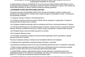 Circular No. 08/2008/TT-BLDTBXH of June 10, 2008, providing guidelines for implementation of Decree 34/2008/ND-CP of the Government dated 25 March 2008 on employment and administration of foreigners working in Vietnam