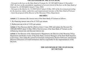 Decision No. 1316/QD-NHNN of June 10, 2008, on the refinancing interest rate and rediscount interest rate