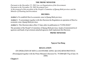 Decision No. 79/2008/QD-TTg of June 10, 2008, establishing and promulgating the regulation on operation of, Hon La economic zone, Quang Binh province