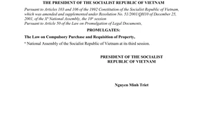 Order No. 10/2008/L-CTN of June 19, 2008, promulgation of Law on Compulsory Purchase and Requisition of Property,