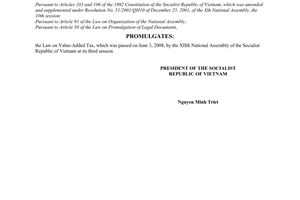 Order No. 08/2008/L-CTN of June 12, 2008, on the promulgation of Law on Value-Added Tax