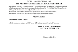 Order No. 13/2008/L-CTN of June 12, 2008, on the promulgation of Law on Atomic Energy.