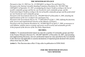 Decison No. 37/2008/QD-BTC of June 12, 2008, amending preferential import tax rates for a number of commodity groups in the preferential import tariff.