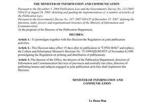Decision No. 38/2008/QD-BTTTT of June 17, 2008, promulgating the regulation on joint publication activities.