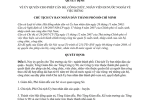 Quyết định 2573/QĐ-UBND ủy quyền cho phép cán bộ, công chức, nhân viên đi nước ngoài về việc riêng