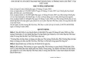 Quyết định 758/QĐ-TTg thành lập Ban Chỉ đạo Quốc gia chuẩn bị và tổ chức Đại hội Thể thao châu Á trong nhà lần thứ 3 tại Việt Nam