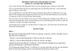 Nghị quyết 06/2008/NQ-HĐND chi khen thưởng lĩnh vực giáo dục đào tạo văn nghệ Cần Thơ