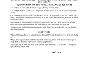 Nghị quyết 219/2008/NQ-HĐND đề nghị công nhận thành phố Vinh là đô thị loại I Nghệ An