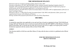 Decision No. 39/2008/QD-BTC of June 19, 2008 amending export duty rates applicable to a number of lines of goods being iron and non-alloy steel in the export tariff list