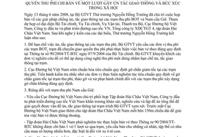 Thông báo 272/TB-BGTVT kết luận Thứ trưởng Bộ GTVT Nguyễn Hồng Trường họp bàn giải quyết tình trạm thu phí BOT gây ùn tắc giao thông
