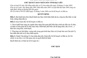 Quyết định 1238/QĐ-UBND Quy trình thẩm định dự án, công tác đấu thầu cấp Giấy chứng nhận đầu tư Tỉnh Bạc Liêu