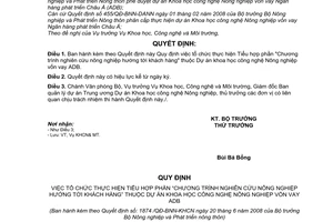 Quyết định 1874/QĐ-BNN-KHCN Quy định việc tổ chức thực hiện Tiểu hợp phần "Chương trình nghiên cứu nông nghiệp hướng tới khách hàng" vốn vay ADB