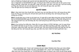 Quyết định 74/2008/QĐ-BNN Danh mục động thực vật hoang dã quy định trong Phụ lục Công ước buôn bán quốc tế động thực vật hoang dã nguy cấp