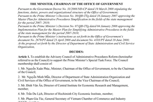 Decision No. 846/QD-VPCP of June, 23, 2008, on establishment of the advisory council of Administrative Procedures Reform