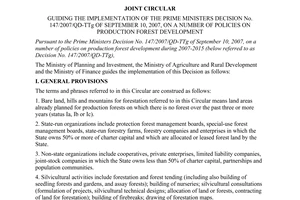 Joint circular No. 02/2008/TTLT-BKH-BNN-BTC of June 23, 2008, guiding the implementation of the Prime Ministers Decision No. 147/2007/QD-TTg of September 10, 2007, on a number of policies on production forest development.