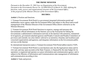 Decision No. 83/2008/QD-TTg of June 25, 2008, defining the functions, tasks, powers and organizational structure of Vietnam Government web portal.